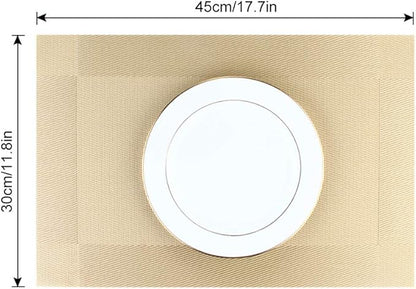 DACHUI Placemats Set of 6, Stylish Woven Place Mats for Dining Table, Washable & Durable PVC Table Mats (Gold)
