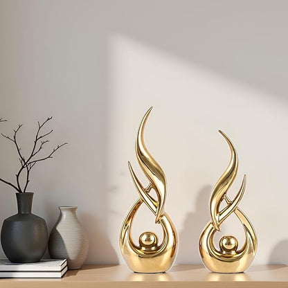 XMGZQ Gold Ceramic Abstract 2 Piece Statue Set,Mid Century Modern Abstract Art Home Decor Statue Mantelpiece on Unique Shelf Decor, TV Cabinet Divider Table top and Dining Table Centerpiece (Gold)