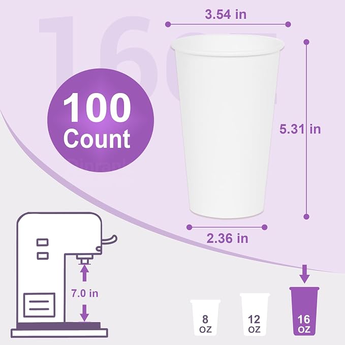 16 oz Disposable Paper Cups, 100 Pack, Bulk Plain Cups - Image 3