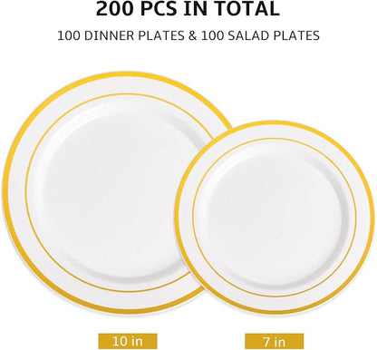 AOZITA 200PCS Gold Plastic Plates Set, Heavy Duty Disposable Plates - Image 2