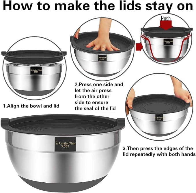 Umite Chef Mixing Bowls with Airtight Lids，6 piece Stainless Steel Metal - Image 6