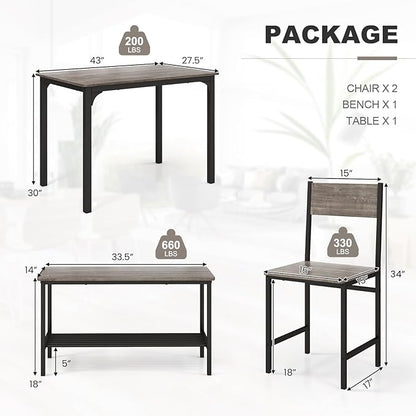 Giantex Dining Table Set for 4, Kitchen Table with Bench and Chairs, Industrial Gathering Bench Dining Set W/Metal Frame & Storage Rack, Dinette Set, Modern Functional Desk Set (Black Oak)