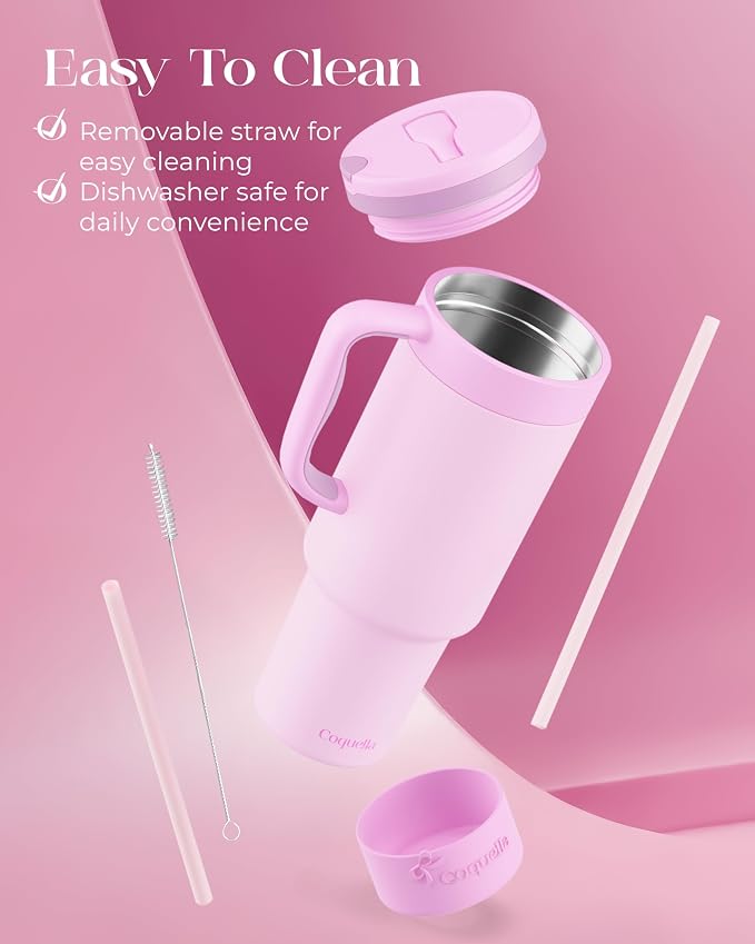 40 oz Insulated Tumbler with Handle and Push-Button Straw Lid, Stainless Steel - Image 6