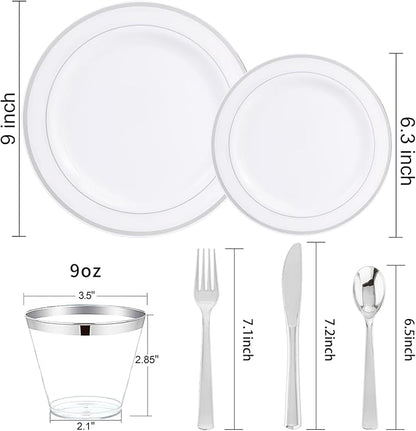 WELLIFE 600 Pcs Sliver Disposable Dinnerware for 100 Guests, Dinnerware Set of 100 Dinner Plates, 100 Salad Plates, 100 Spoons, 100 Forks, 100 Knives, 100 Cups