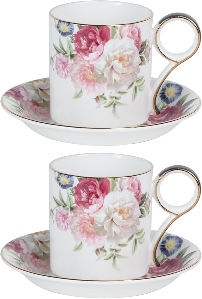KAMMAK Tea Cups and Saucers Set of 2, Porcelain Coffee Cups, JBE014 | Stackable by KAMMAK