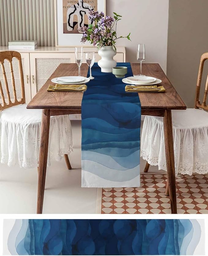 Navy Blue Ombre Table Runners 48 Inches Long, Abstract Modern Stripe Table - Image 6