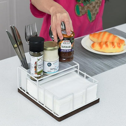 Napkin Holder for Table, Countertop Organizer - Flatware Holder for Forks, Spoons, Knives, Napkin Dispenser and Salt and Pepper Shakers Storage, Kitchen Cutlery Caddy for Dining Table, Buffet, Camping