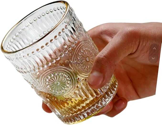 2 Pack 10 OZ Cute Embossed Glass Cup Vintage Drinking Glasses | Thick - Image 4