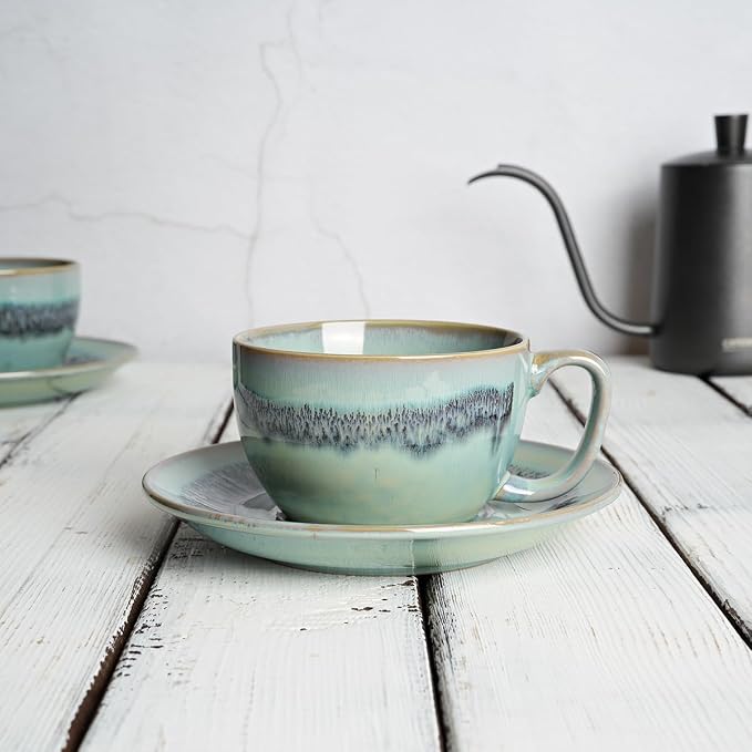Bosmarlin Ceramic Cappuccino Cup and Saucer Set of 2, 10 Oz, Dishwasher and - Image 4