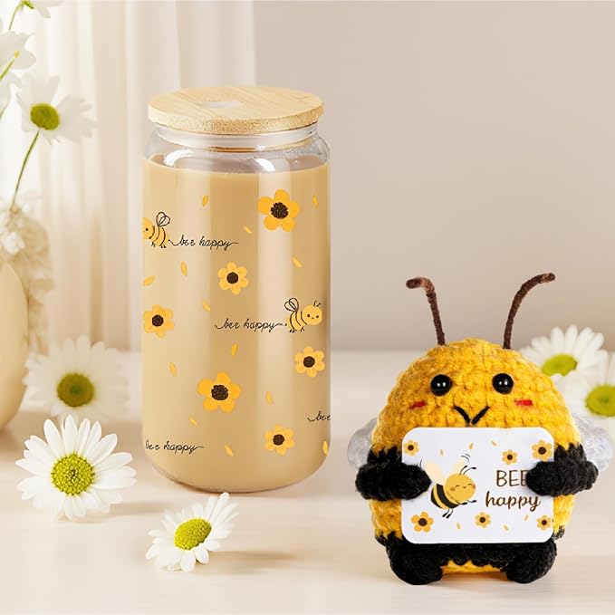 MUJUZE Bee Happy Glass Cup Gift Set, Bee Glass Cup - Image 6