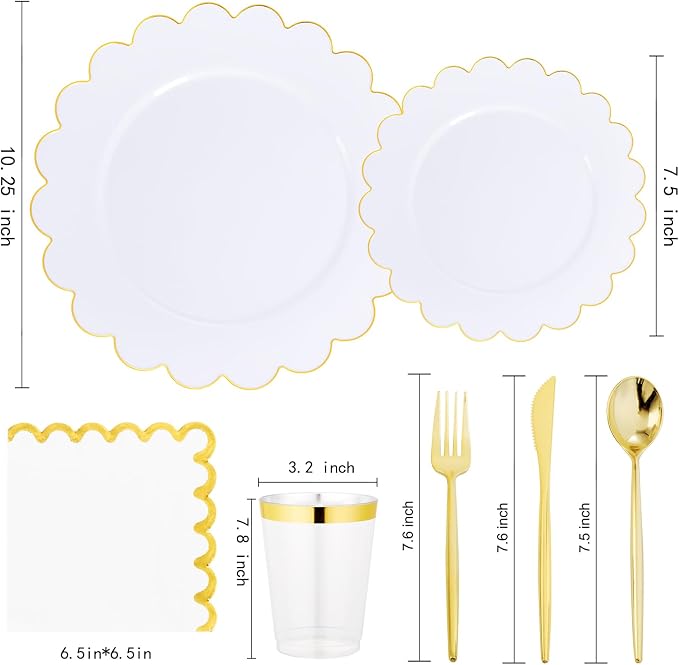 LIYH 210 Pcs Gold Scalloped Plastic Dinnerware Set 30 Guests - Image 2