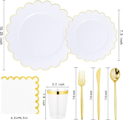 LIYH 210 Pcs Gold Scalloped Plastic Dinnerware Set 30 Guests - Image 2
