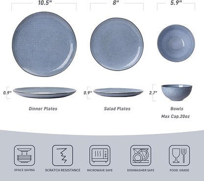 Famiware Moonlight Plates and Bowls Sets, 24 Pieces Stoneware Dinnerware Sets with Linen Finish, Handmade Dishware Set for 8, Microwave and Dishwasher Safe, Chip and Scratch Resistant, Blue