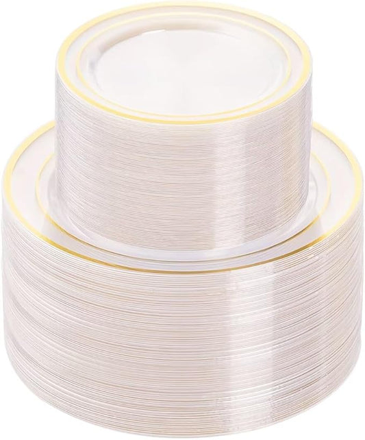BESTVIP 200PCS Clear Gold Plastic Plate, Disposable Party Plates with 100 Dinner and 100 Dessert Plates, Plastic Plate for Party, Wedding and Birthday