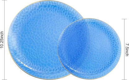 Hioasis 60pcs Blue Plastic Plates - Gold Rimmed Disposable, Hammered, Heavy-duty Dinnerware Set Suitable for 30 Guests, 10.25" Dinner & 7.5" Dessert Plates for Party & Wedding