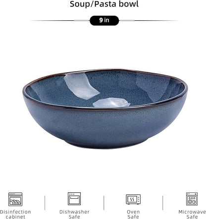 Organic Shape Highland Ceramic Serving Bowl, 6pcs 9 Inch Handmade Reactive Glaze Bowl 40oz with Wavy Edge, for Kitchen, Microwave & Dishwasher Safe, Scratch Resistant-Blue