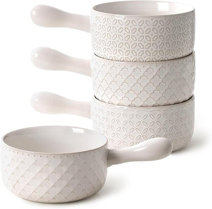 DOWAN French Onion Soup Bowls, 18 Oz Soup Bowls with Handles, Oven Safe Stackable Ceramic Soup Crocks for Chili, Beef Stew, Microwave & Dishwasher Safe Set of 4