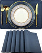 WAZAIGUR Waterproof Easy to Clean Non-Slip Heat Resistant Thick Faux Leather Placemats for Dining Table (Dark Blue, 6)