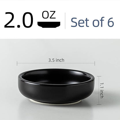 Dipping Bowls Set, Ceramic Dipping Sauce Dishes, 2 oz Soy Sauce Dish, Side Dish Bowls, Small Bowl/Dish for BBQ, Condiments, Appetizer, Dessert, Sushi, Set of 6 (Black)