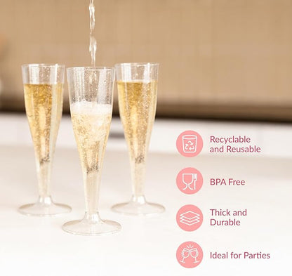 Prestee 24 Champagne Flutes Plastic - Disposable Flute - Silver Glitter Plastic Glasses for Parties - Mimosa Bar, Wedding, Shower Party, New Years Eve Party Supplies 2025 (Silver)