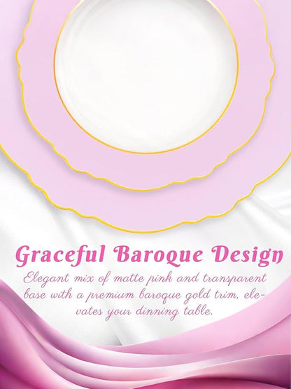 WDF 60Pcs Pink Plates Disposable with Gold Rim - Baroque Clear Pink and Gold Plastic Party Plates Ideal for Wedding, Valentine's Day