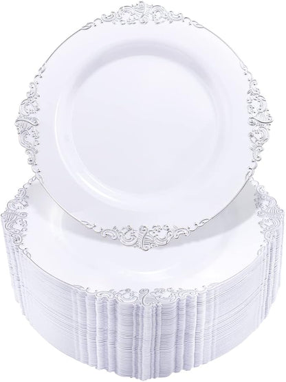 Hioasis 100pcs White Silver Plastic Plates for Party - 7.5" Dessert Plates Disposable, Heavy -duty, Classy and Elegant for Wedding