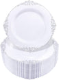 Hioasis 100pcs White Silver Plastic Plates for Party - 7.5" Dessert Plates Disposable, Heavy -duty, Classy and Elegant for Wedding