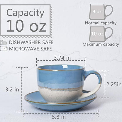 Bosmarlin Ceramic Cappuccino Cup and Saucer Set of 2, 10 Oz, Coffee Cups - Image 2