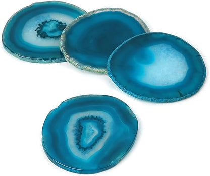Agate Coaster Set of 4 for Drinks, Stone Coaster for Coffee Table 3.5-4" Geode Coaster Decor for Housewarming, Birthday, (Blue)