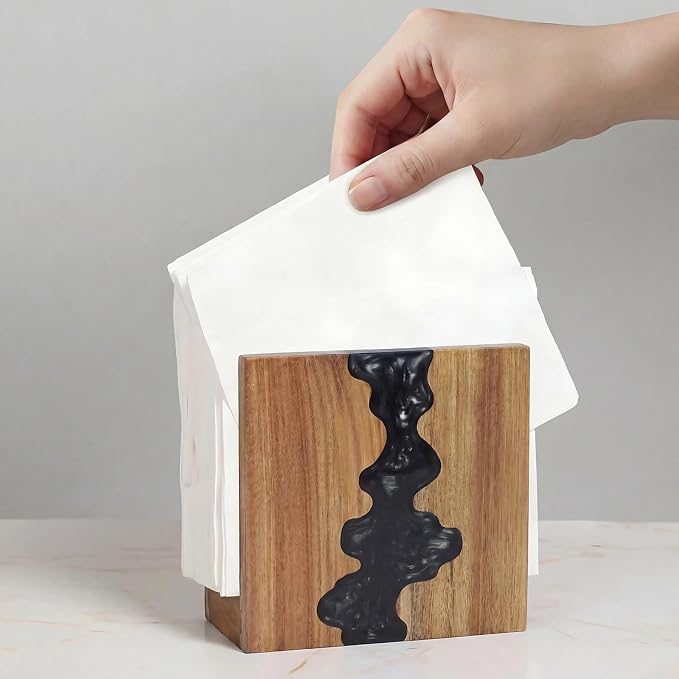 Artistic Napkin Holder, Acacia Wood and Blue Epoxy Resin - Image 8