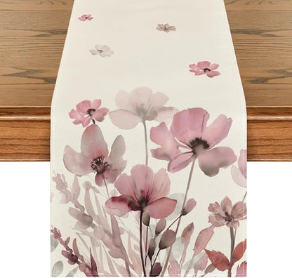 Artoid Mode Pink Poppy Floral Leaves Spring Table Runner, Seasonal Summer Fall Kitchen Dining Table Decoration for Home Party Decor 13x72 Inch