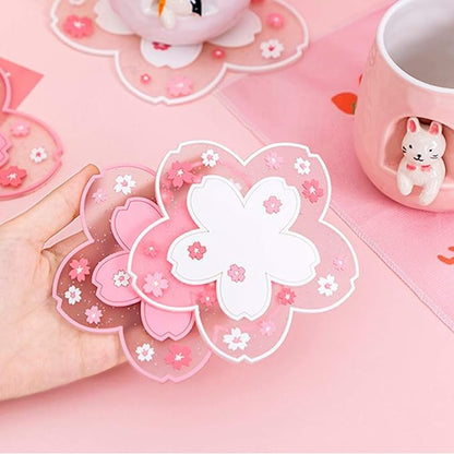 Sakura Coffee Cup Mat Kawaii Coaster 2PCS Cute Cherry Blossom PVC Home Tea Mug - Image 5