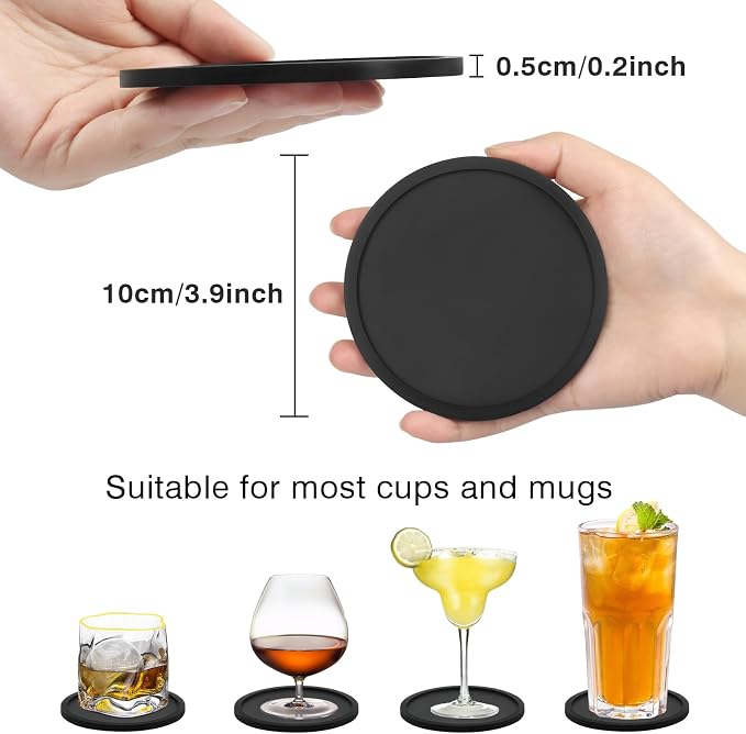 2 Pack Silicone Coasters for Drinks, Round Black Coaster - Image 2