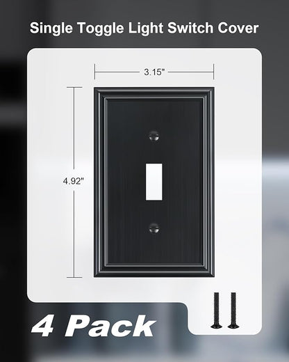 4-Pack Single Toggle Light Switch Cover Plate, Durable Solid Zinc Alloy Decorative Switch Plate Covers, Black 1 Gang Wall Plate, Corrosion Resistant