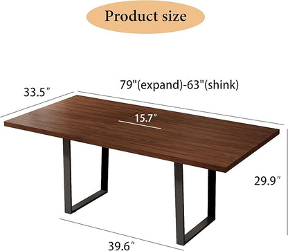 ZckyCine 79" Expandable Walnut Dining Table with 6 PU Leather Chairs, 7-Piece Modern Dining Set, Sturdy Metal Legs, Adjustable 63"-79" Rectangle Table for Kitchen & Dining Room