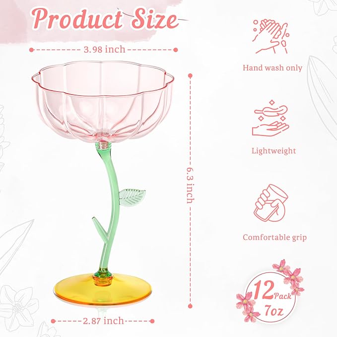 12 Pcs Pink Plastic Ribbed Coupe Glasses Detachable 7oz Flower Cocktail Glasses - Image 2