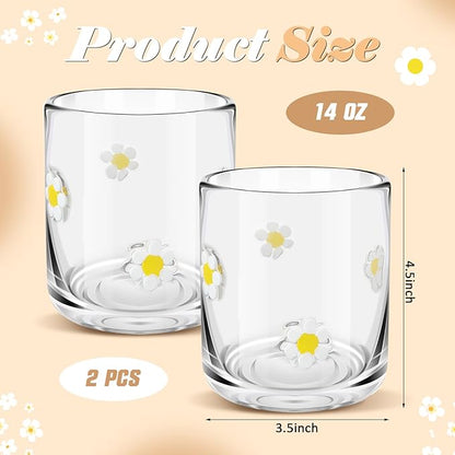 Icon Juice Glasses, 14oz Stemless Wine Drinking Juice Glass Cup for Valentine Party Supplies Gift(2 Pcs,Flower)