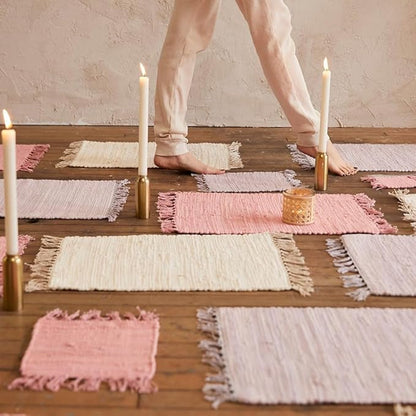 PILLOWPIA Handcrafted Chindi Placemat – 100% Cotton, Handwoven Boho Table Mat | Eco-Friendly Colorful Decor for Dining Room, Kitchen, or Coffee Table – Peony Pink Woven Accent