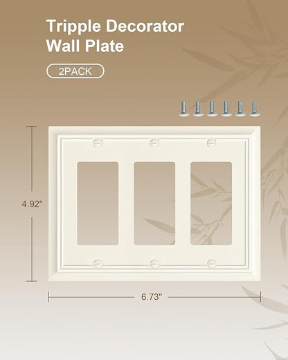 2-Pack Decorative Tripple Decorator Outlet Cover Plate, Durable Natural Bamboo Fiber Light Almond Wall Plate for Electrical Outlets, Receptacle, GFCI Outlet, Dimmer Switch, 3-Gang, Corrosion Resistant