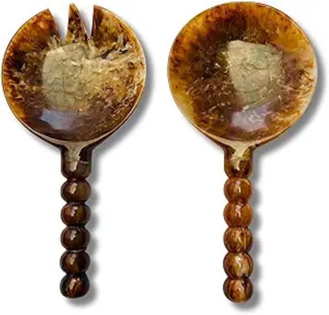 SS CRAFTS INDIA Premium 9" Brown Marbled Resin Salad Servers | Set of 2 Beaded by SSCraftsIndia