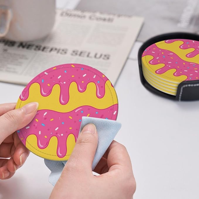 Pop Art Sweet Donut Leather Coasters Set of 6 - Image 6