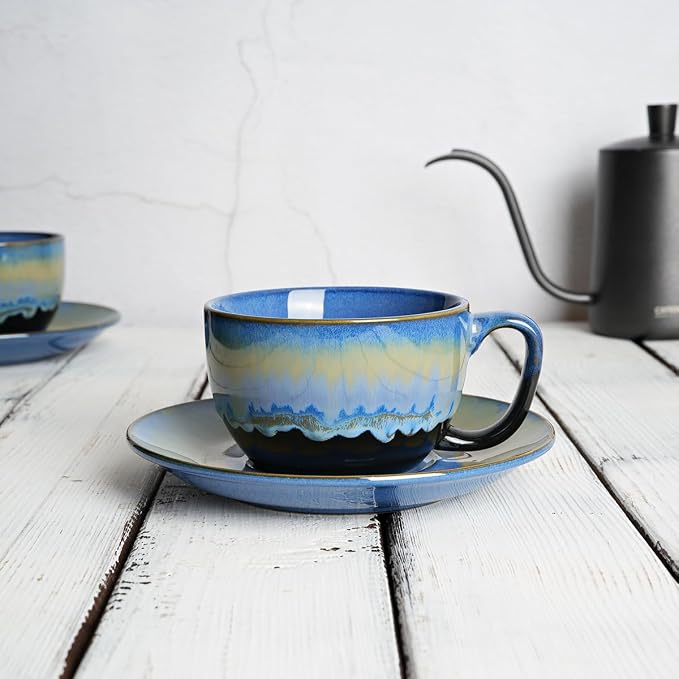 Bosmarlin Ceramic Cappuccino Cup and Saucer Set of 2, 10 Oz, Dishwasher and - Image 4