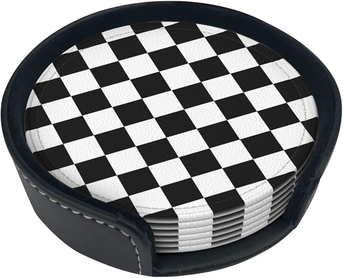 Drink Coasters with Holder Stand Set of 6 Black and White Checkerboard Pu - Image 6