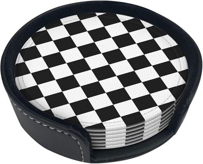 Drink Coasters with Holder Stand Set of 6 Black and White Checkerboard Pu - Image 6