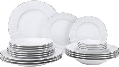 Euro Porcelain 20-pc Luxury Dinnerware Set w/Platinum Silver Ornament, HQ Dining Tableware Service for 4 (Bernadette wht.)