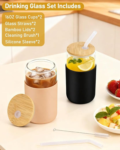 Glass Cups with Lids and Straws, 2 Pack 16OZ Iced Coffee Cups with Silicone - Image 2