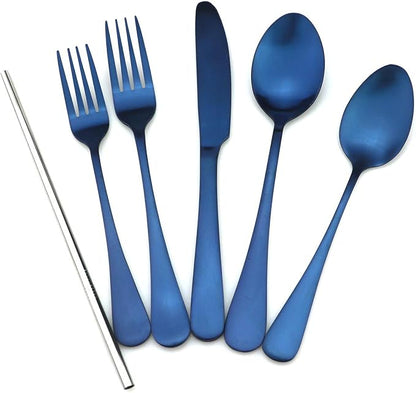JASHII Modern Royal 20 Pcs Blue 18/10 Stainless Steel Utensils Cutlery Dinnerware Set w/ 4 Pcs Straw, Knife Fork and Spoon Flatware Set for Wedding Festival Christmas Party Service for 4