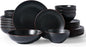 Famiware Venus Speckled Dinnerware Set with Pasta Bowls, Service for 6 (24 Pieces), Stoneware Plates and Double Bowls Sets, Microwave & Dishwasher-Safe Dishes with Trim, Matte Black