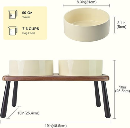 SPUNKYJUNKY Ceramic Elevated Dog Bowls Raised with Acacia Bamboo Wooden Stand, 8.3'' Dog Food Water Bowls Set Non-Slip for Medium Large Sized Breed Microwave Dishwasher Safe - 60 OZ,Beige