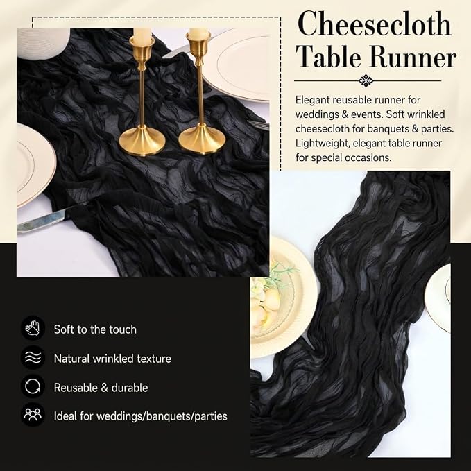 2 Pack Black Cheesecloth Table Runner 17x108 Inch Boho Rustic Semi Sheer Gauze - Image 5